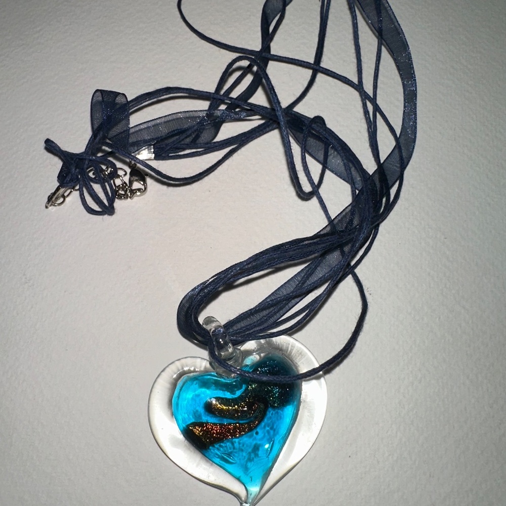 Glass Heart Pendant Necklace – Blue Swirl Artisan Jewelry